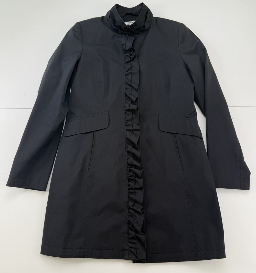 DKNY Womens Trench Coat M Black Ruffle Front Lined Long Jacket